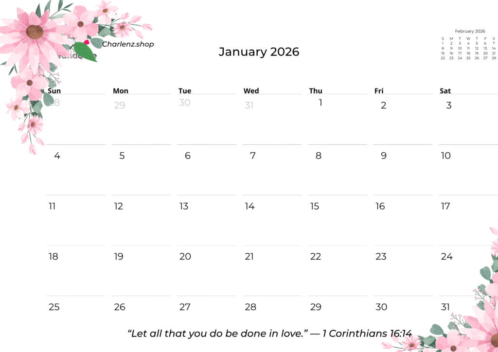 Faith Calendar 2026 Christian Scripture Download PDF