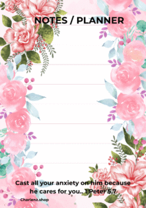 “Cast Your Cares Scripture Planner – Floral Border Design, single-page Christian planner with inspiring Bible verse and pastel flower decorations.”