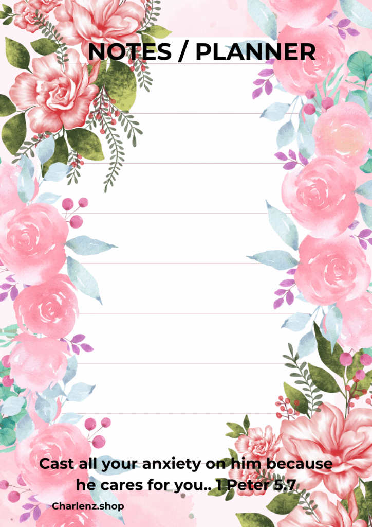 “Cast Your Cares Scripture Planner – Floral Border Design, single-page Christian planner with inspiring Bible verse and pastel flower decorations.”