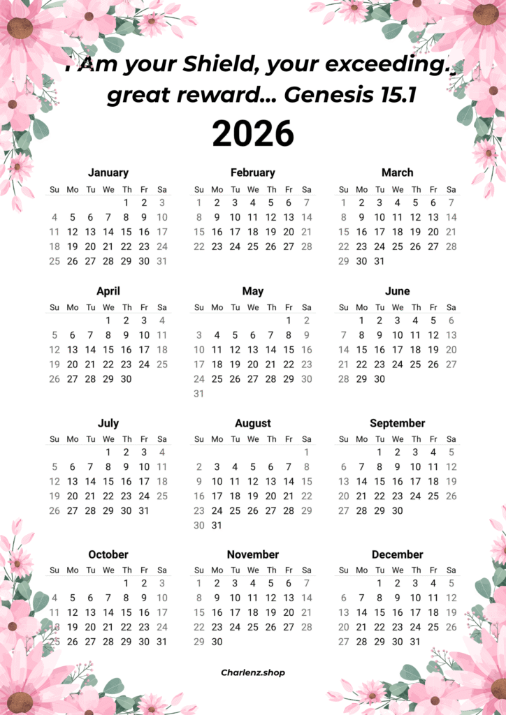 2026 1-Page Calendar God our Shield & Reward – Faith-Based Printable Planner