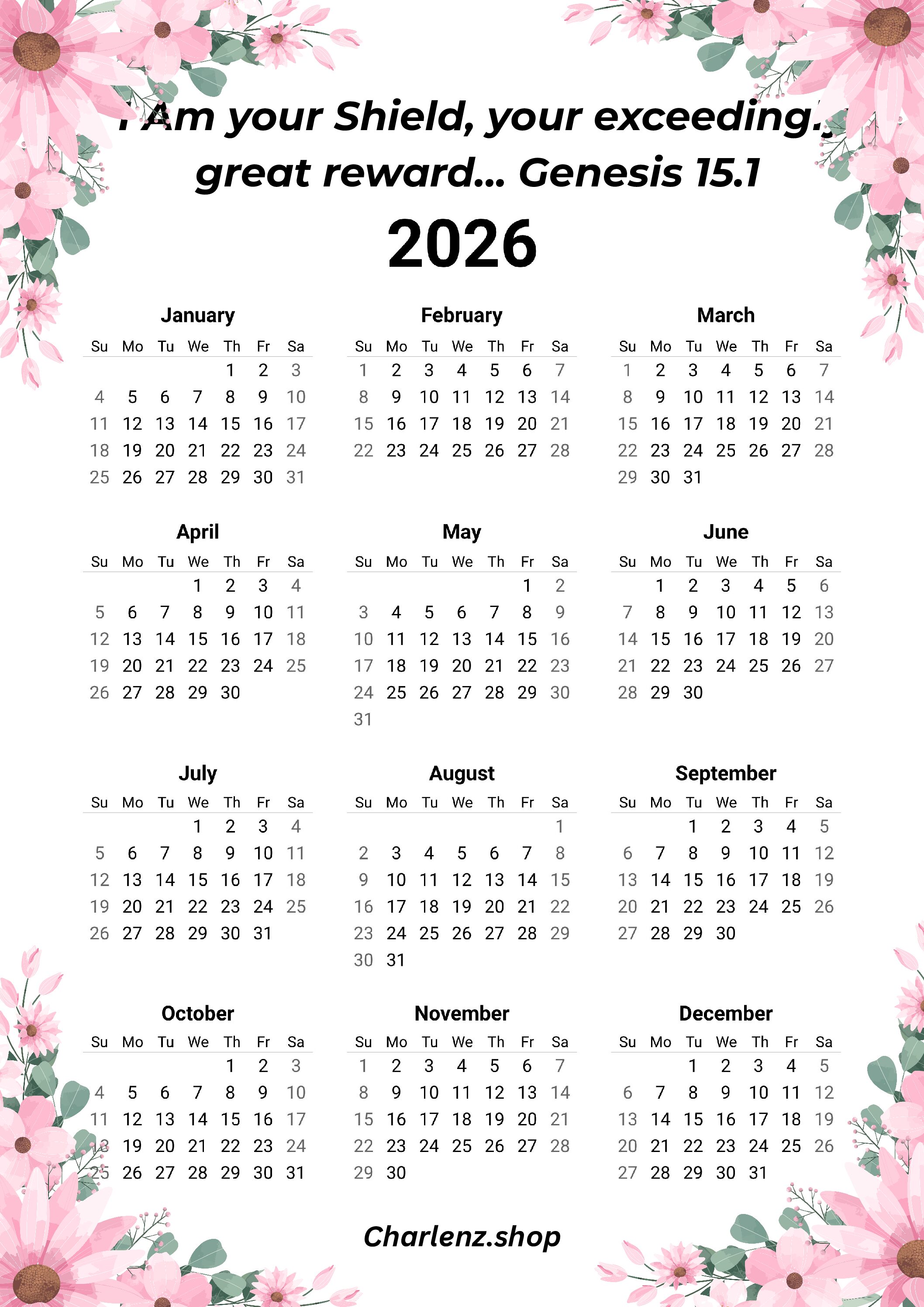 2026 1-Page Calendar God our Shield & Reward