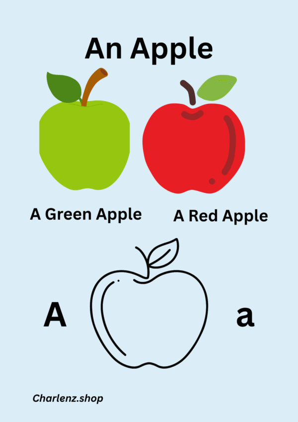 Page 1 of A-Z Alphabets and Names of Fruits Learning E-Book – each Letter with [Fruit] Illustration and Coloring Outline.