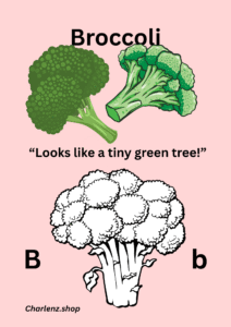 Page 1 of A-Z Alphabets and Names of Veggies Learning E-Book – Letter [Letter] with [Vegetable] Illustration and Coloring Outline