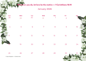 12 Pages 2026 Faith Calendar - Charlenz.shop - January — “Let all that you do be done in love” (1 Corinthians 16:14)