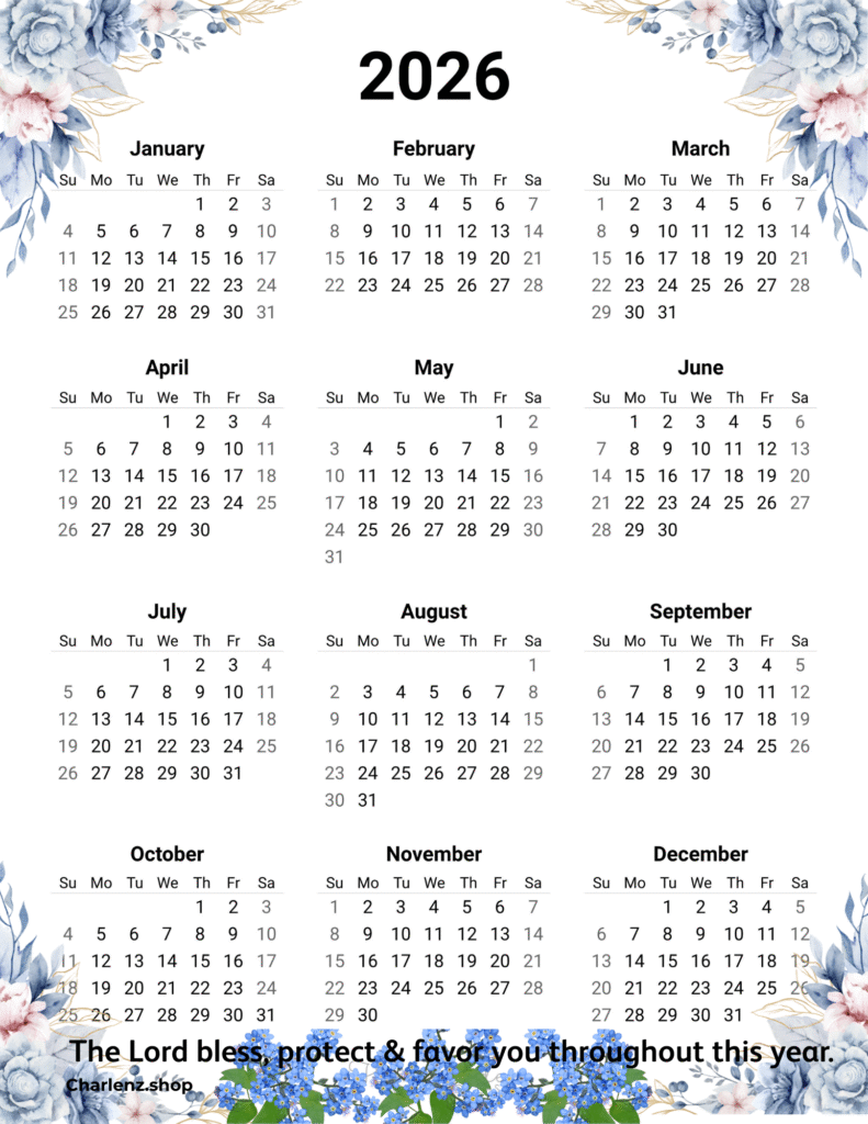 Blessed 2026 one-page calendar "Lord bless you" with blessing quote – Lord bless, protect and favor you throughout this year – printable wall art.