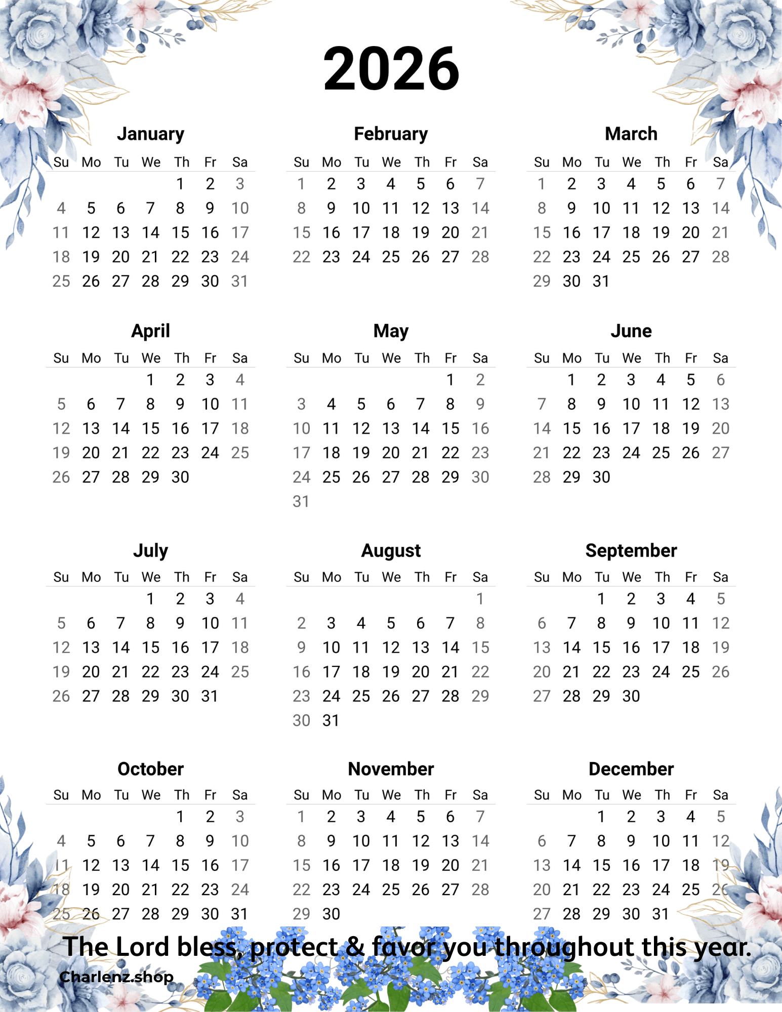 Blessed 2026 one-page calendar "Lord bless you" with blessing quote – Lord bless, protect and favor you throughout this year – printable wall art.