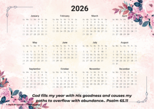 One-page Christian calendar with verse “You crown the year with Your goodness – Psalm 65:11” designed by Charlenz.shop