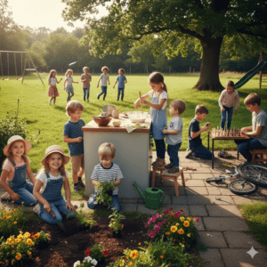 Children learning teamwork, responsibility, and positive social behavior through outdoor activities that help raise responsible children