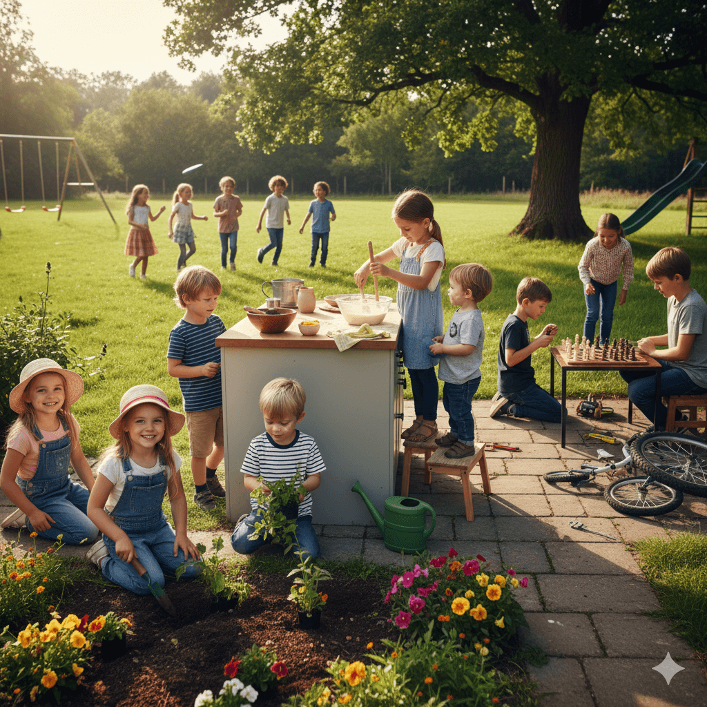 Children learning teamwork, responsibility, and positive social behavior through outdoor activities that help raise responsible children