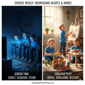 Children affected by excessive screen time compared with joyful creative play and healthy activities encouraged in Christian parenting