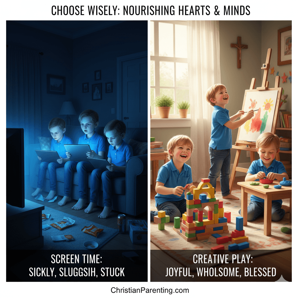 Children affected by excessive screen time compared with joyful creative play and healthy activities encouraged in Christian parenting